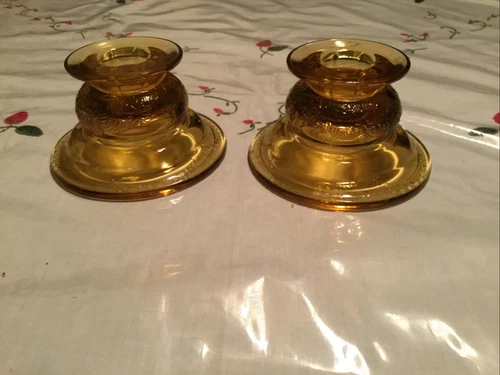 Set of 2 Vintage Amber Federal Depression Madrid Glass Candle Holders 2.25" H