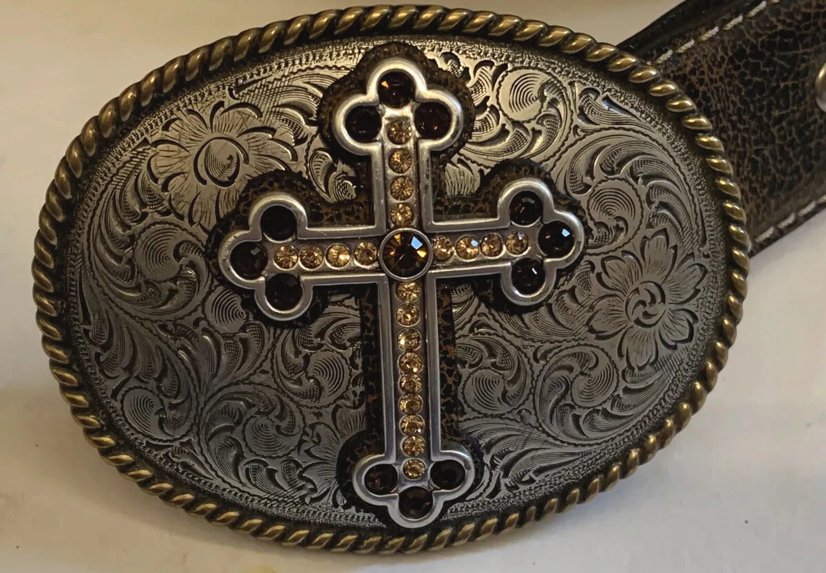 Nocona Belt Buckle Cross Buckle Jeweled Western Leather Belt Cowboy 34