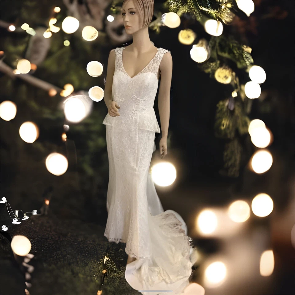 Vestido de noiva David's Bridal Galina marfim renda peplum botão para cima 8 - Imagem 4 de 4