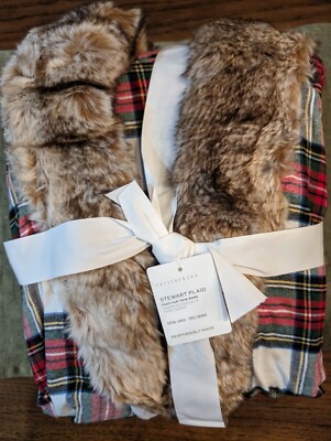 POTTERY BARN Stewart Plaid Flannel Faux Fur Robe - XL-Ivory-OPEN BOX