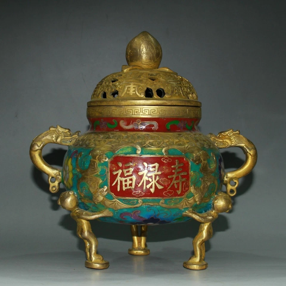 Quemador de incienso con patrón de murciélago Cloisonne neumático de latón antiguo de China de 8,4" Foto 4 de 4