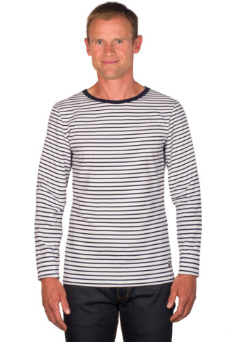 Ugholin T-shirt Marinière Homme Coton Rayé Blanc/Bleu Manches Longues - Imagen 1 de 3