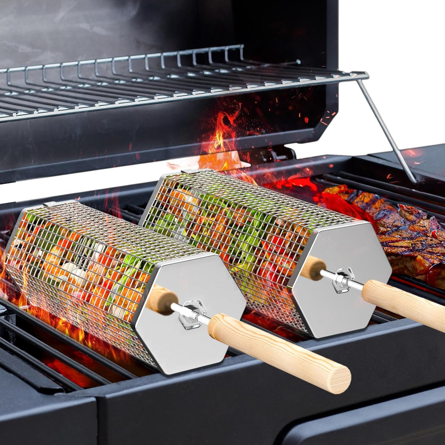 Unlock Massive Labor Day Savings: Dive Into Commissary Sales Flyers For Aug. 28 - Sept. 10! 19 Hexagon Rolling Grill Baskets (2Pcs) With Wooden Handle - Bbq Accessories