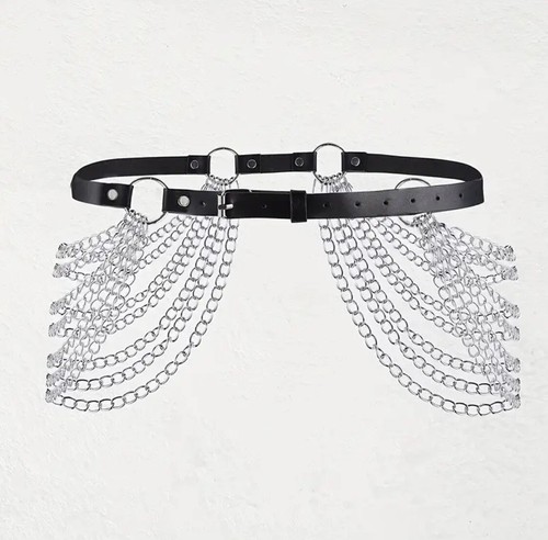 Gothic body chain belt, multi layered chains with leather strap Edgy Fashion - Picture 3 of 5