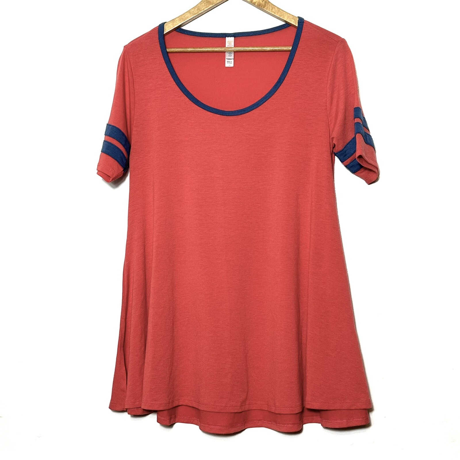 Lularoe Tunic Womens XS Red Blue Pullover Shirt Crewneck Short Sleeve Blouse Top