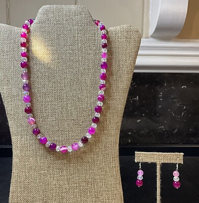 Neue handgefertigte rosa Rose gestreift Achat Kristall Perlen Halskette & 925 Ohrringe PPP