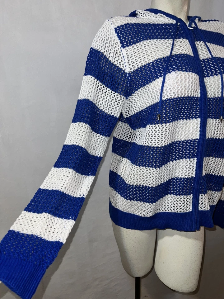 Quacker Factory Sweater Size L Large Blue White Striped Zip Cardigan Hoodie - Image 3 of 4