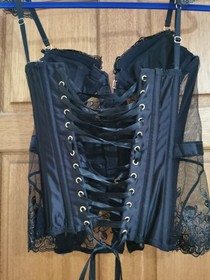 ANN SUMMERS BLACK SATIN & LACE BONED CORSET BASQUE UK 8 ADJUSTABLE LACE UP BACK