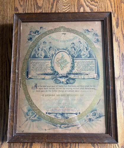 Antique 1893 Victorian Mourning Memorial Print Framed Child Died PA