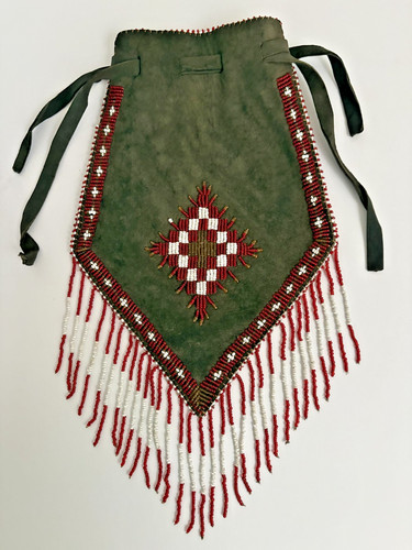 Native American Beaded Brown Suede Leather w/Red and White Fringe Drawstring Bag