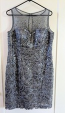 Xscape SZ 16 Womens Silver Gray Holiday Cocktail Sheath Dress Beaded Sequin Lace