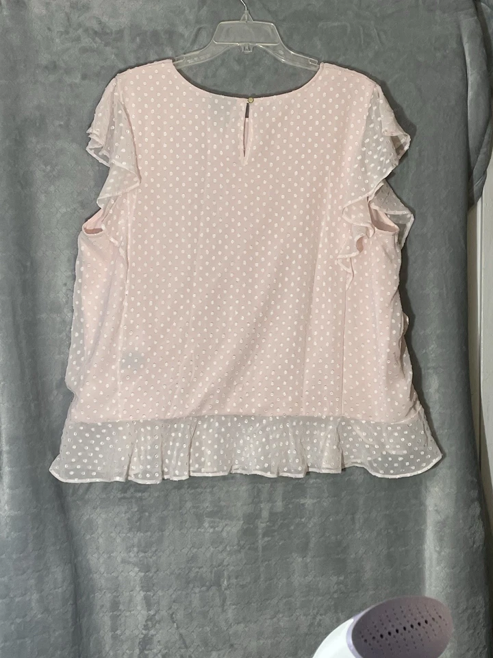 Liz Claiborne Career Blouse Top Womens XL Pink Embroidered Polka Dot Ruffled - Image 2 of 4