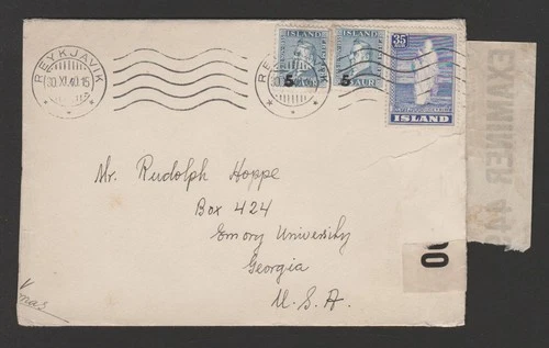 Iceland 1940 censored to USA with greeting card contents