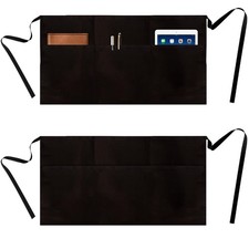 2 Pack Server Apron, Black Waitress Apron with 3 Pockets, Waiter Short Half W...