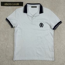 roberto Cavalli Italy Men  s Slim Fit White Navy Pique Logo Pocket Cotton Polo M