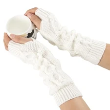Women Winter Arm Warmers Long Fingerless Mittens Gloves Wrist One Size White