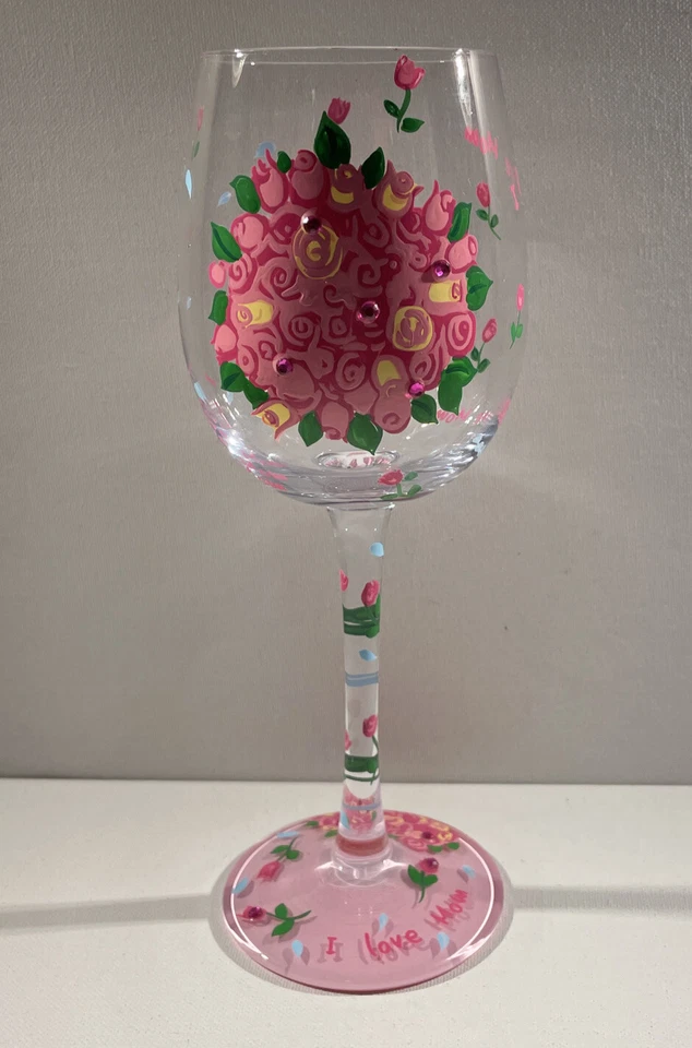 Santa Bárbara LOLITA "I Love Mom" VIDRIO DE VINO pintado a mano flores día de la madre Foto 3 de 4