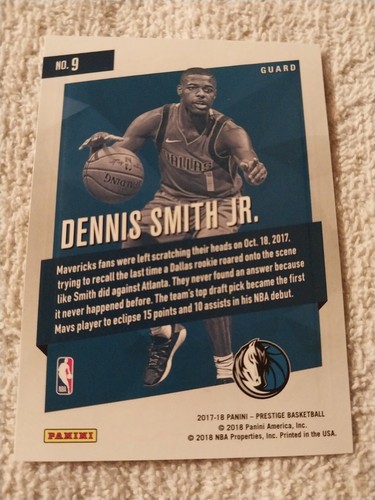 2017-18 Dennis Smith JR Panini Prestige Silver Grabado NBA Tarjeta de Novato RC #9 MAVS - Imagen 2 de 2