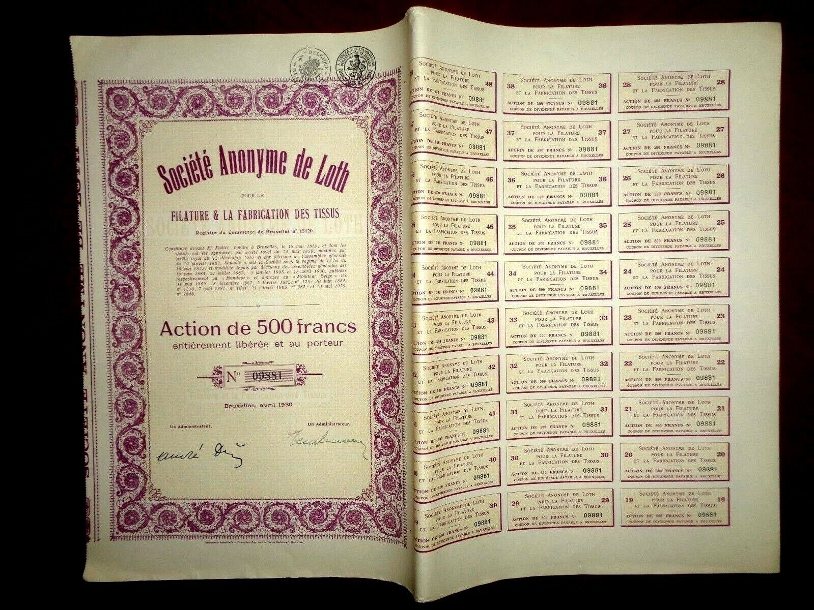 Sociedad Anónima de Loth, 1930 certificado de acciones