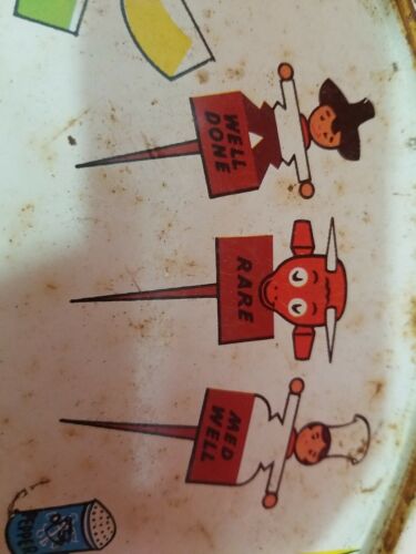 Mid-Century Modern Tin Litho Round BBQ Grill Decorative Lg Round Tray 10 3/4" - Picture 3 of 6