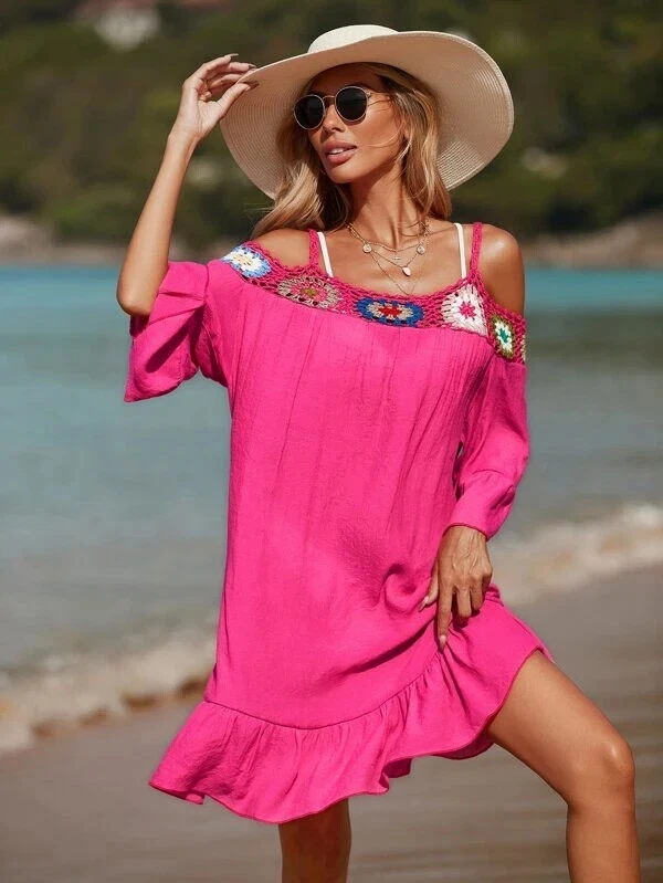Ladies BN BOHO Hot Pink Crochet Cold Shoulder Ruffle Beach Cover
