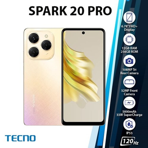 TECNO Spark 20 Pro Android Cell Phone (Gold/12GB+256GB/Dual SIM/Unlocked)