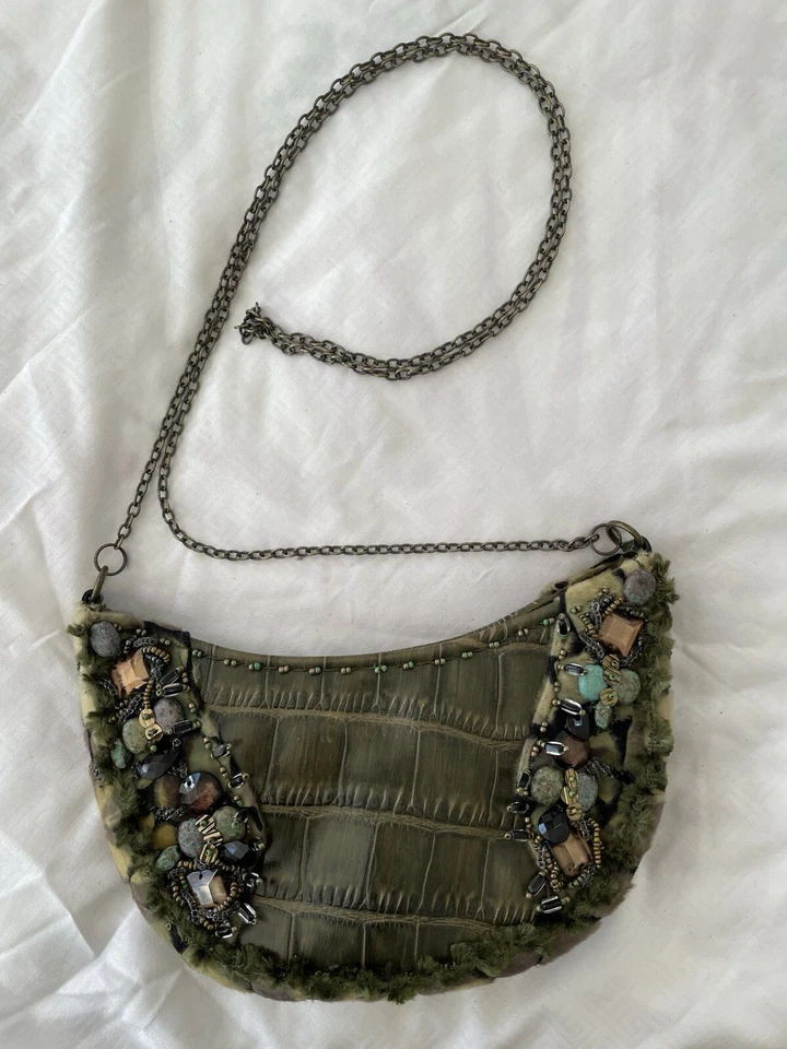 MARY FRANCES Green Leather Croc Highly Embellished Faux Fur Hobo Shoulder Bag - Image 4 of 4
