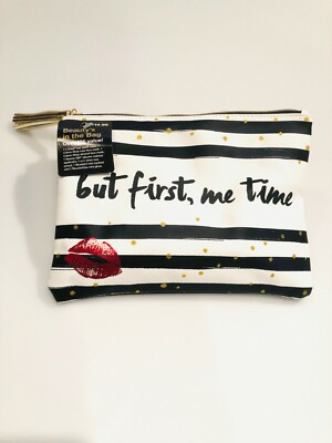 BUT FIRST ME TIME BLACK AND WHITE 8 PIECE MAKE UP BAG WITH HANG TAG