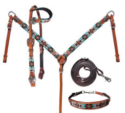 Western Horse 4pc Teal/Orange Beaded Leather Tack Set Headstall w/Breast Collar