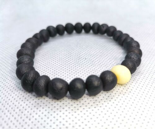 Black Bracelet Beaded Amber Beads Natural Baltic Jewelry Gift For Him Her - Picture 3 of 3