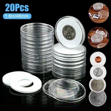 20Pcs 46mm Coin Storage Box Clear Round Plastic Capsules Holder  w/ 5 Sizes Pads