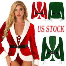 Womens Santa Claus Costume Christmas Fancy Dress Belt Velvet Cosplay Jacket