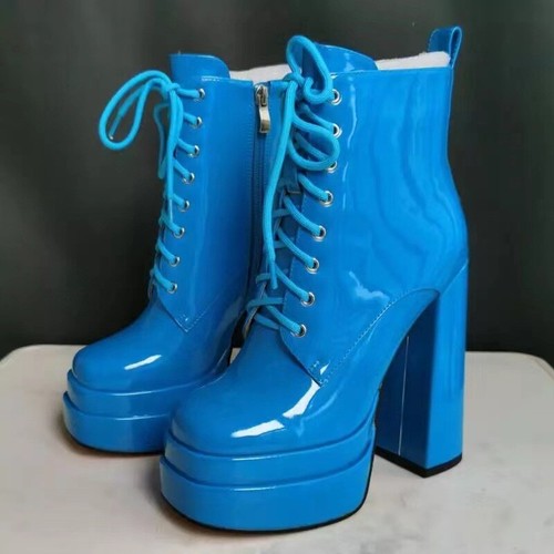 Women Patent Leather Platform Ankle Boots Square Toe High Chunky Heels Shoes - Picture 18 of 29