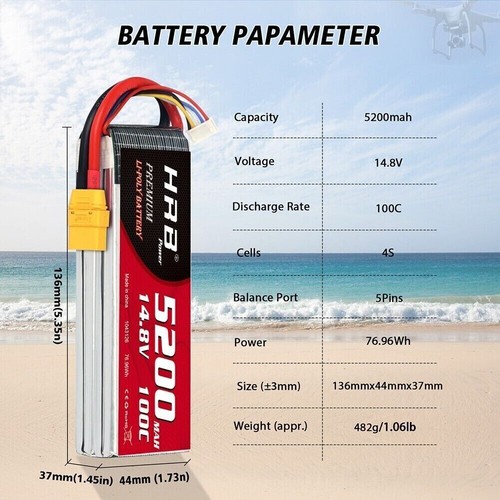 2pcs HRB 14,8V 4S 5200mAh XT90 100C Lipo Akku für RC Hubschrauber Quad Auto LKW - Bild 2 von 5