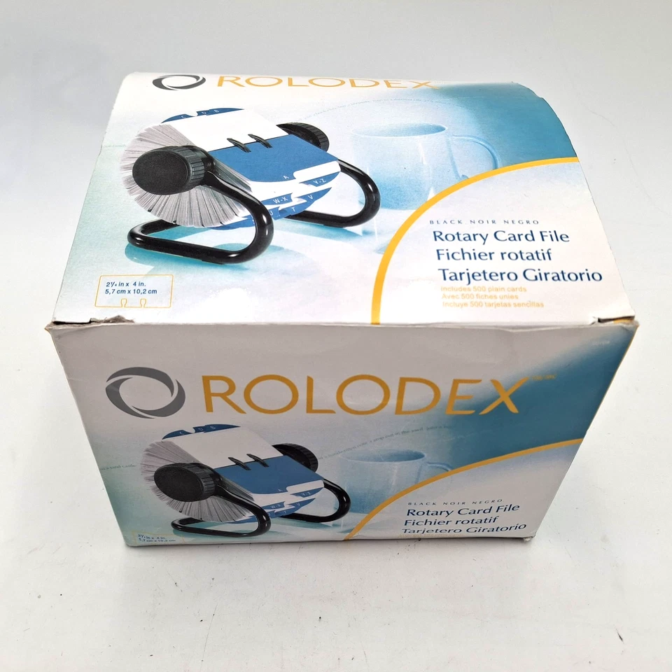 Archivo de tarjeta rotativa abierta Rolodex para 500 tarjetas de 2-1/4 x 4 negras 66704 Foto 2 de 4