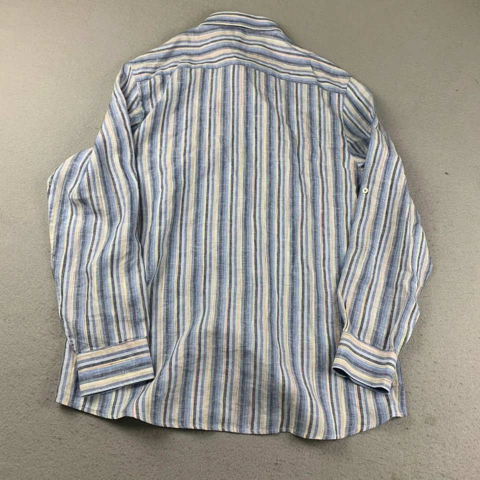 Bugatchi Shirt Mens XL Blue Striped 100% Fine Linen Long Sleeves Button Up - Image 3 of 4