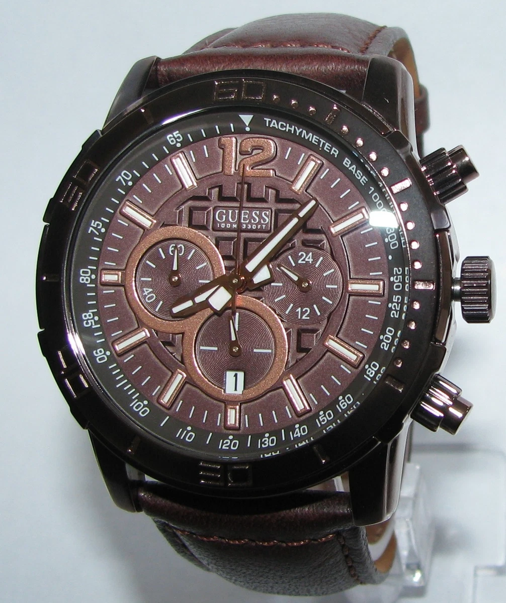 GUESS BROWN LEATHER+BRONZE,ROSE GOLD TONE CHRONOGRAPH+TACHYMETER WATCH  U16002G1 | eBay