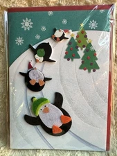 Papyrus Christmas Card  2022  3D Felt Sleddding Sliding Penguins Iridescent Snow