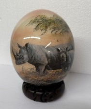 African Handmade Decoupage Painted Rhino Rhinoceros Ostrich Egg w/ Carved Stand