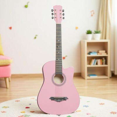 38'' Beginner Acoustic Guitar Set - Cutaway Tuner Steel String Capo Matte Pink