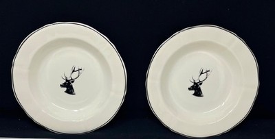 GIEN FRANCE CHATEAU DE CHAMBORD PAIR OF STAG SOUP RIMMED BOWLS**WOW!!