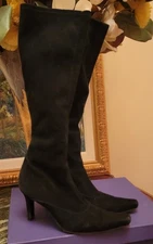 $495 Stuart Weitzman Black Suede Pull-on Tall Boots 9.5 Treaded Sole 3.5" Heel