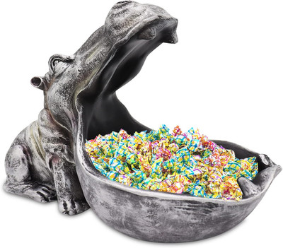 Hippo Statue Candy Dish, Funny Big Mouth Container Key Bowl, Grey