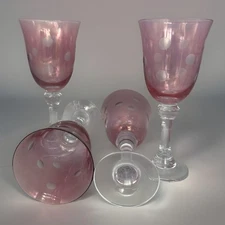 Set of 4 Crystal Etched White Dots Cranberry 8” Wine Goblets Clear Stem/Base EC