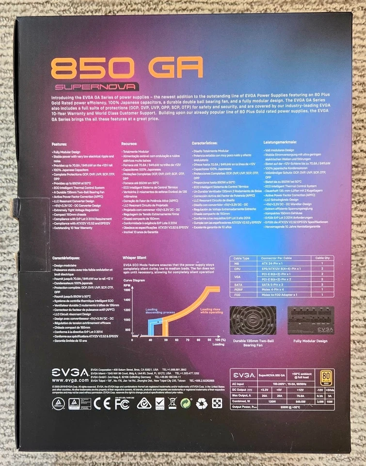 EVGA Supernova 850 GA 850W Gold 80 Plus Fuente de alimentación modular Kit completo Caja Foto 3 de 4