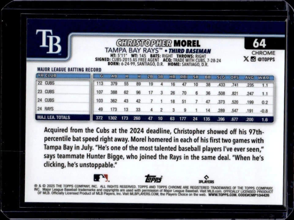 2025 Topps Chrome Sapphire Christopher Morel Gold Refractor #41/50 Rays - Image 2 of 2