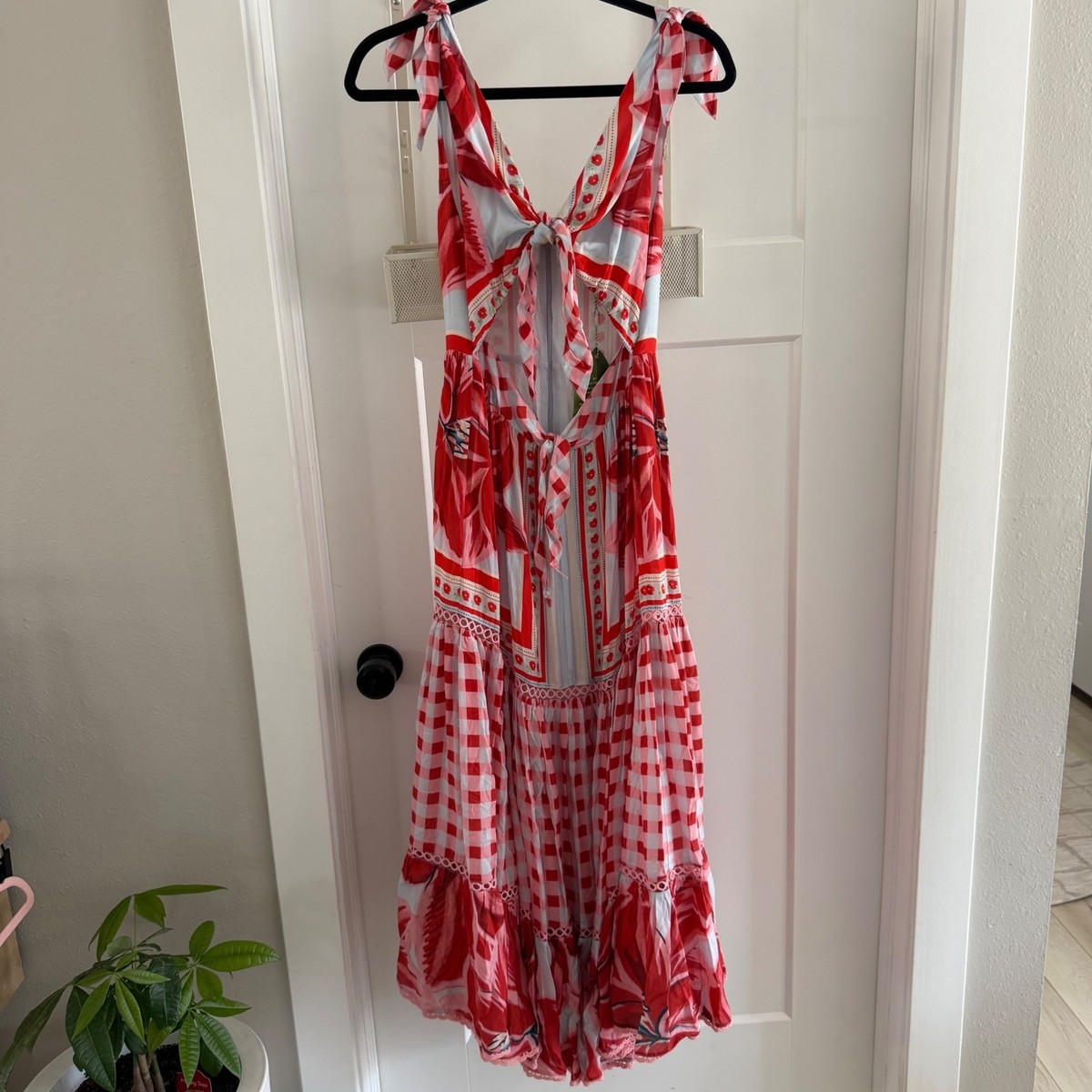 FARM Rio Azalea Mix Midi Dress Red Blue Gingham Floral Cutout Size