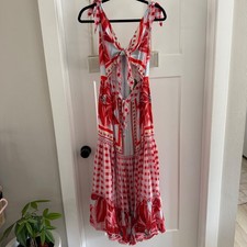 FARM Rio Azalea Mix Midi Dress Red Blue Gingham Floral Cutout Size S NWT Picnic