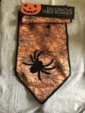 New 13”x72” Halloween Spiderweb Table Runner Orange Black Simmery