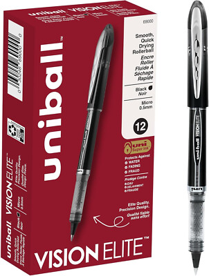 Uni-ball Vision Elite Rollerball Pens, Micro Point (0.5mm), Black, 12 Count